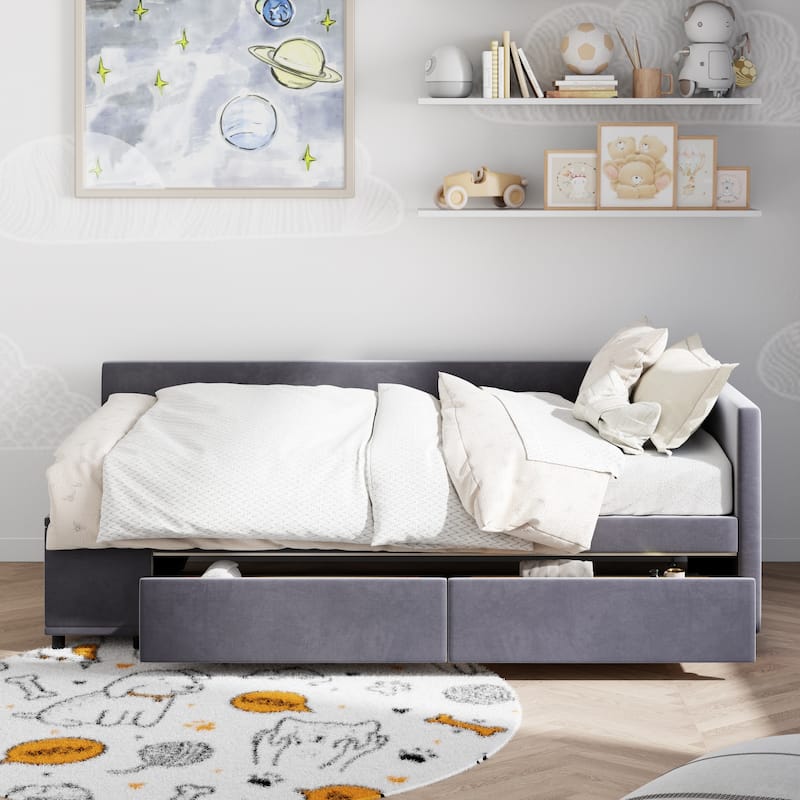 Stylish Twin Size Platform Bed with Storage Cabinets and Velvet Upholstery - Space-Saving Design