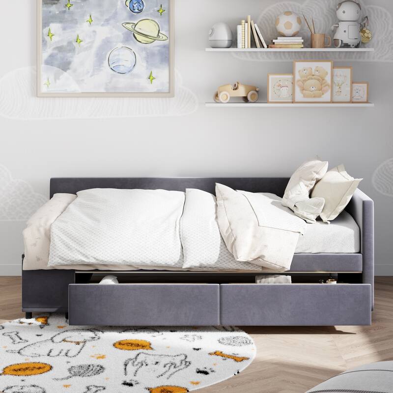 Twin Size L-Shaped Upholstered Platform Bed with Storage and Drawers in Gray