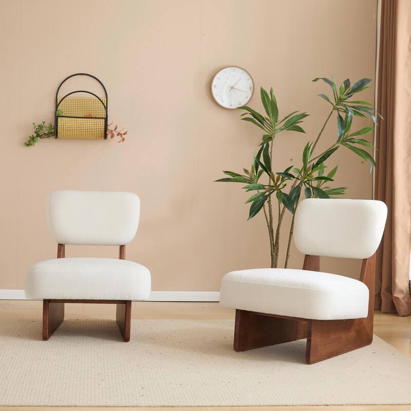 Minimalist Accent Chairs Set - Wood Frame - Beige + Walnut - Set of 2