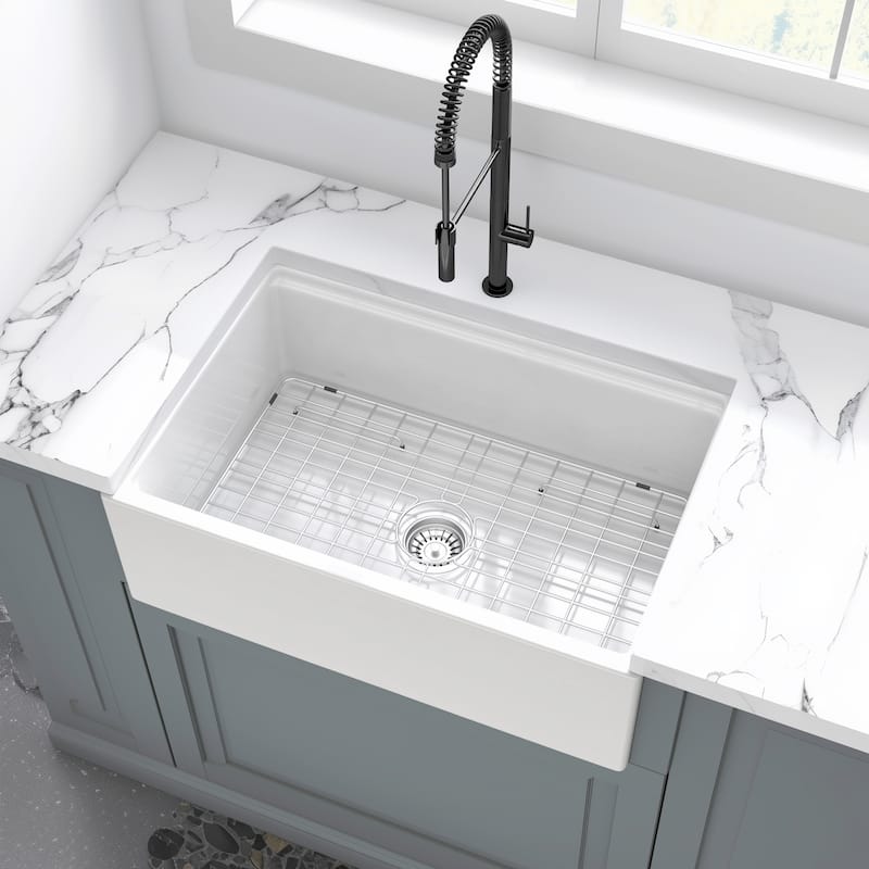 30" Fireclay Farmhouse Sink - Reversible Apron Front, 20" x 10" Deep White Porcelain Workstation Sink with Ledge and Accessories