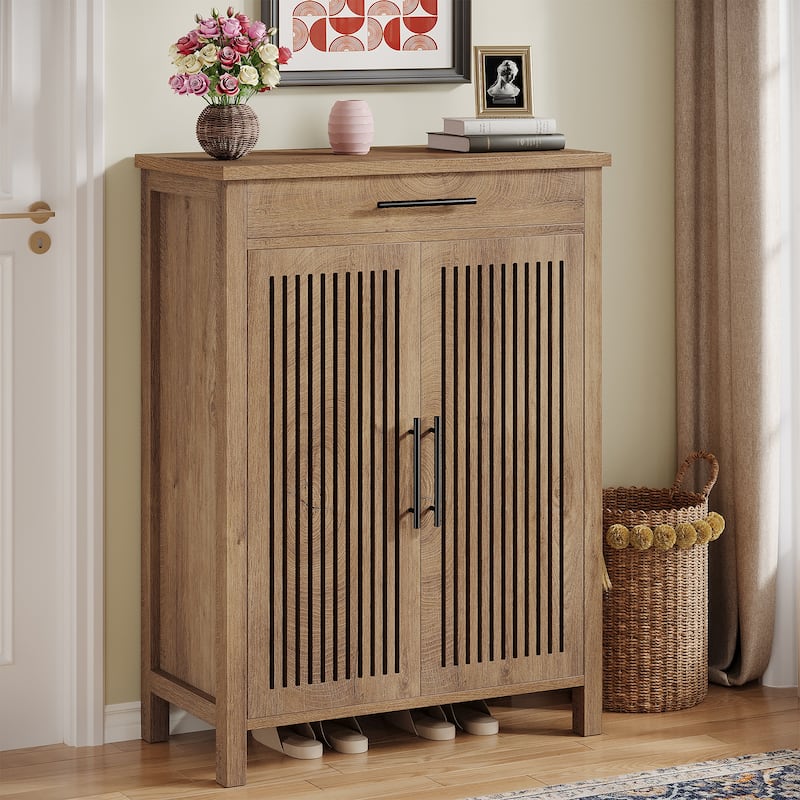Shoe Cabinet with Louvered Doors & Drawer, Freestanding Wooden Shoe Rack for Entryway - Natural Brown