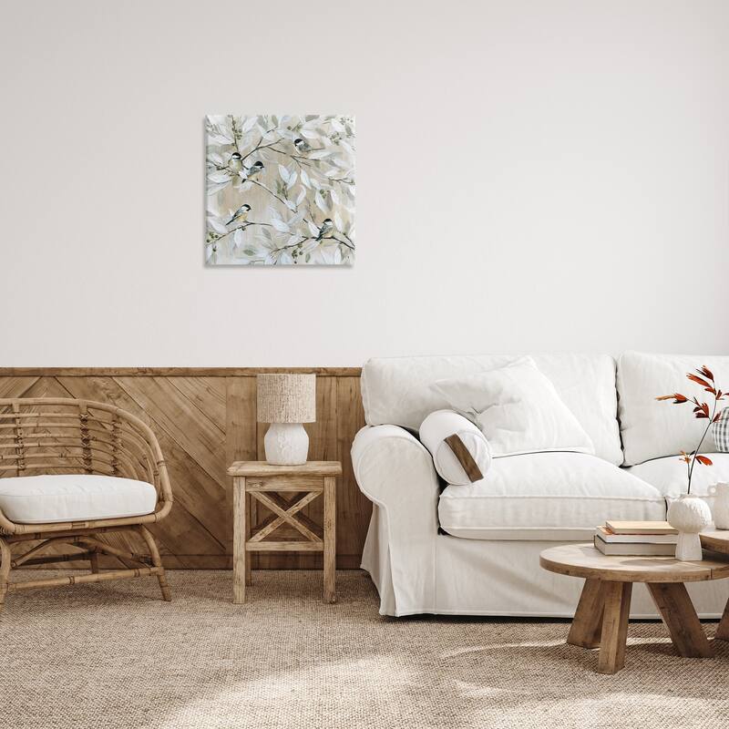 Stupell Chickadee Birds on Tree Branches Soft Berry Fruits Canvas Wall Art - White