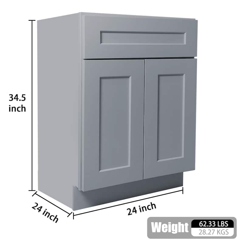 24 Inch Base Cabinet Solid Wood Shaker Double Doors, Dark Gray Finished, Adjustable Shelving, Versatile Storage for Kitchen