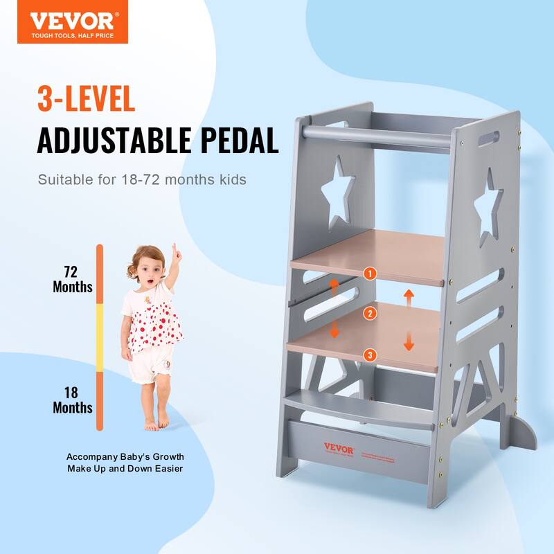 VEVOR Tower Step Stool, 3-Level Height Adjustable Toddler Step Stools for Kids, Stool with Safety Rail