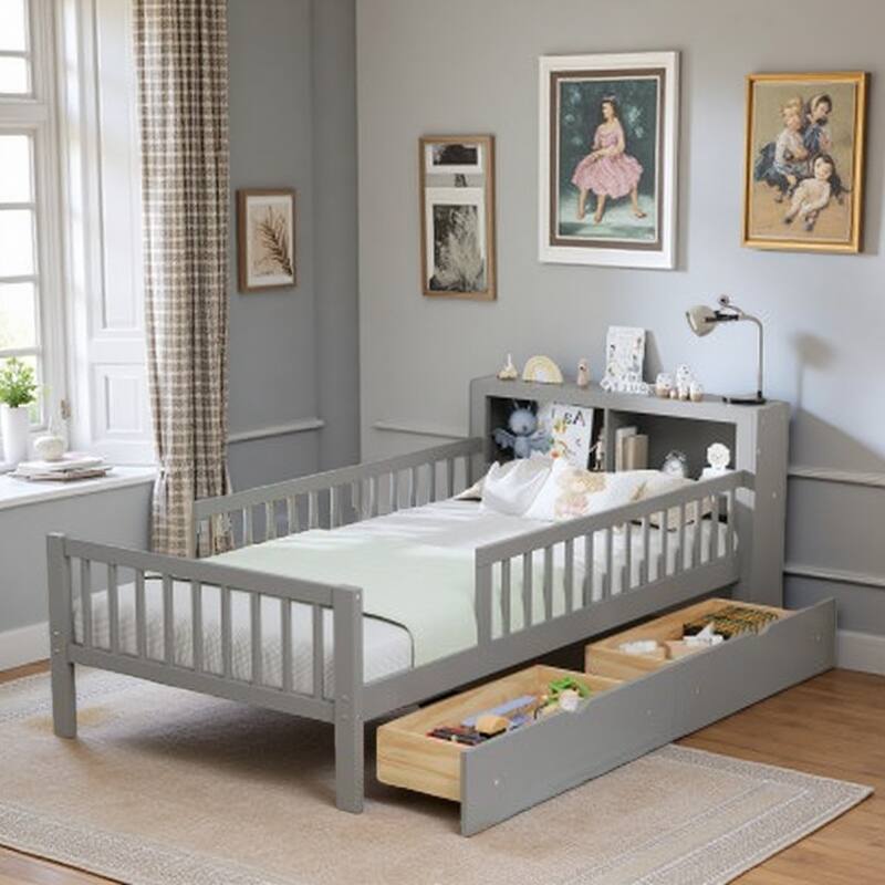 Twin Size Platform Bed with Built-In Headboard Shelves, Safety Guardrails & 2 Storage Drawers, Space-Saving Wood Frame - Gray