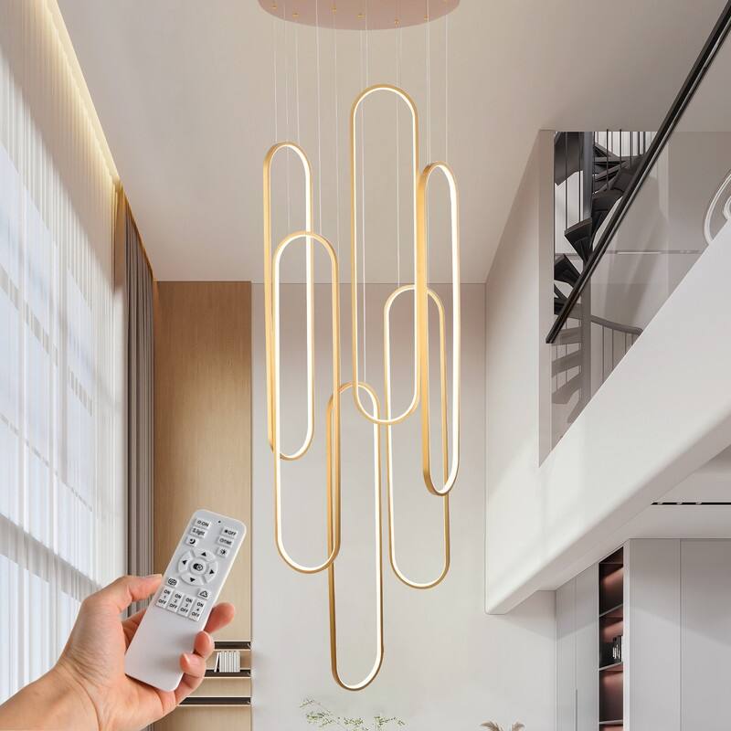 Modern LED Chandelier Large High Ceiling 6 Ring Dimmable Chandelier - Gold - 23.62x23.62x157in
