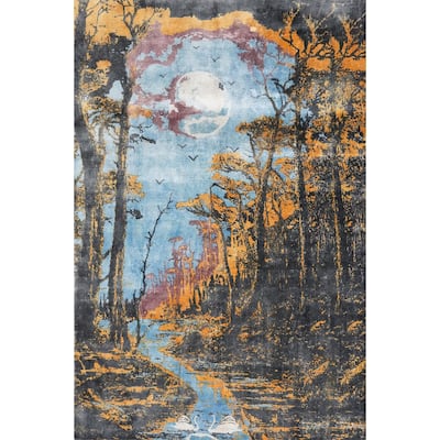 Hand Knotted Oriental Viscose Silk Carpet Modern Pictorial Navy Blue & Blues Abstract Area Rug - 7' 7'' X 5' 8''