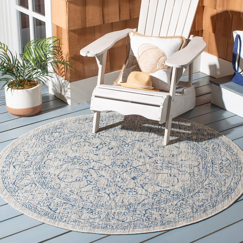 SAFAVIEH Courtyard Aquata Indoor/ Outdoor Waterproof Patio Backyard Rug - 4' Round - Grey/Navy