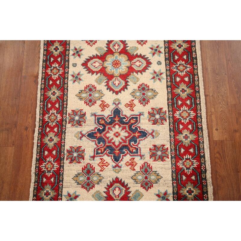 Geometric Kazak Runner Rug Hand-Knotted Beige Wool Carpet - 2'3" x 5'11"