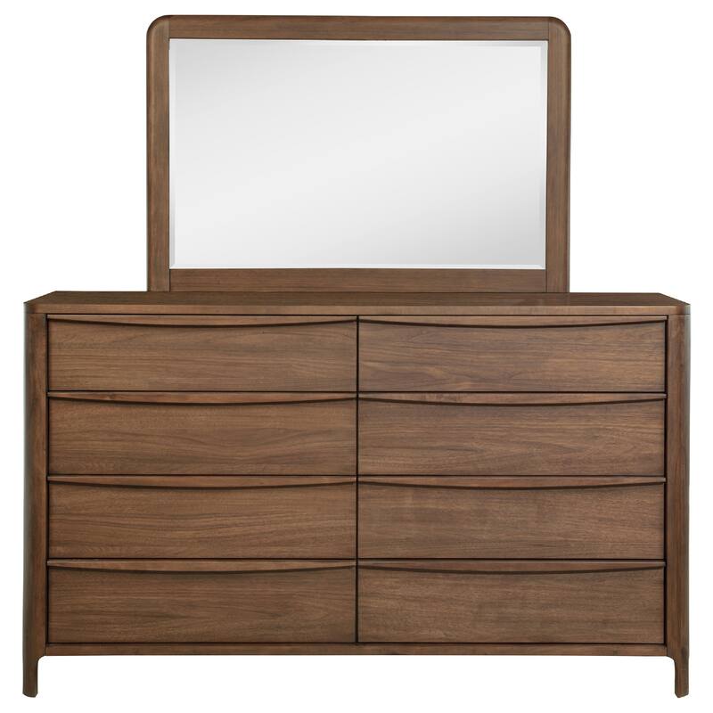 Rie Wide Dresser with Mirror, 8 Drawers, Walnut Brown, Rounded Corners