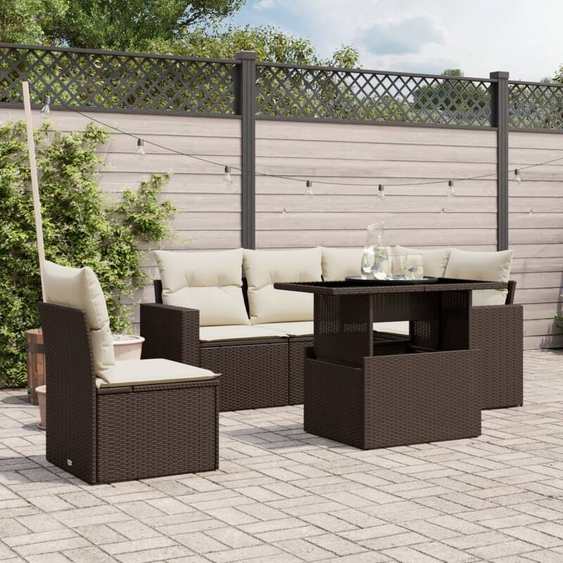 vidaXL Patio Sofa Set with Cushions Outdoor Furniture 6 Piece Poly Rattan - Brown and Cream - 21.7 x 39.4 x 28.7