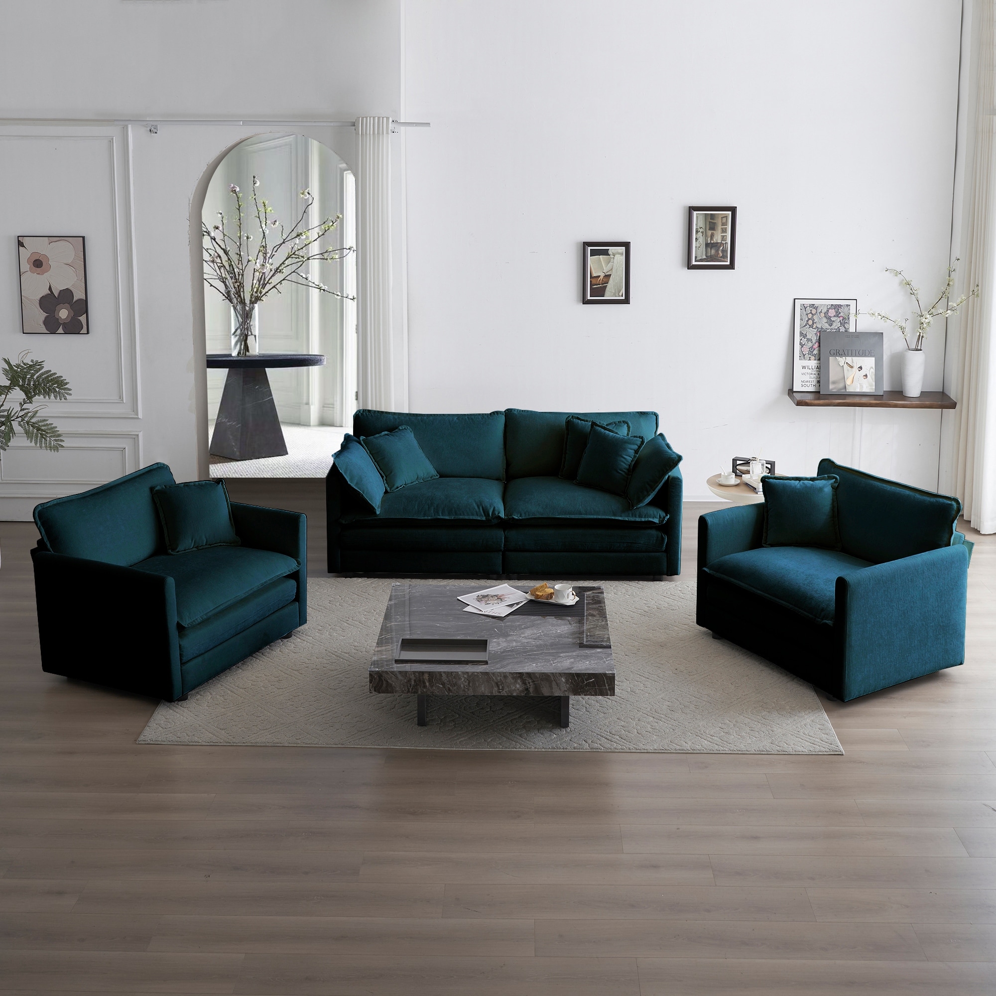 3-Piece Set Chenille 2-Seat Sofa and Two Single Sofa Sets