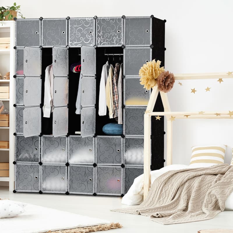 Costway DIY 30 Cube Portable Closet Storage Organizer Clothes Wardrobe - Grey - 71''x18''x85'' (L x W x H)