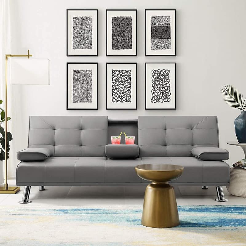 Furniwell Modern Faux Leather Futon with Cup Holders & Pillows, 65"