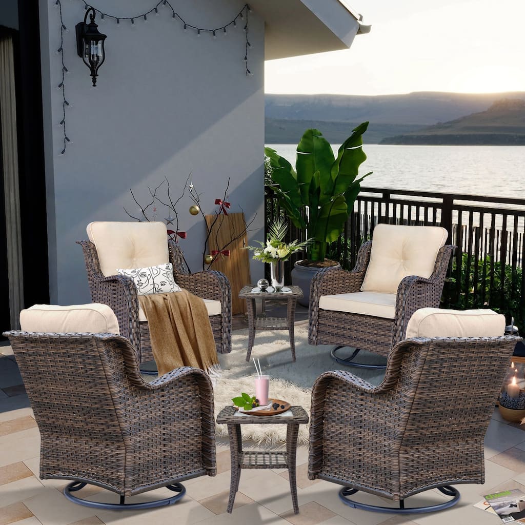 6 piece Outdoor Wicker Patio Furniture Set with Swivel Chairs and Cushions