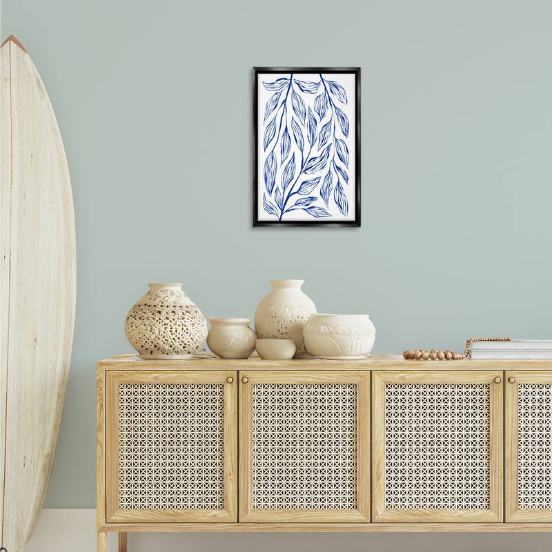 Stupell Simple Blue Leaves on White Framed Floater Canvas Wall Art Design By Martina Pavlova