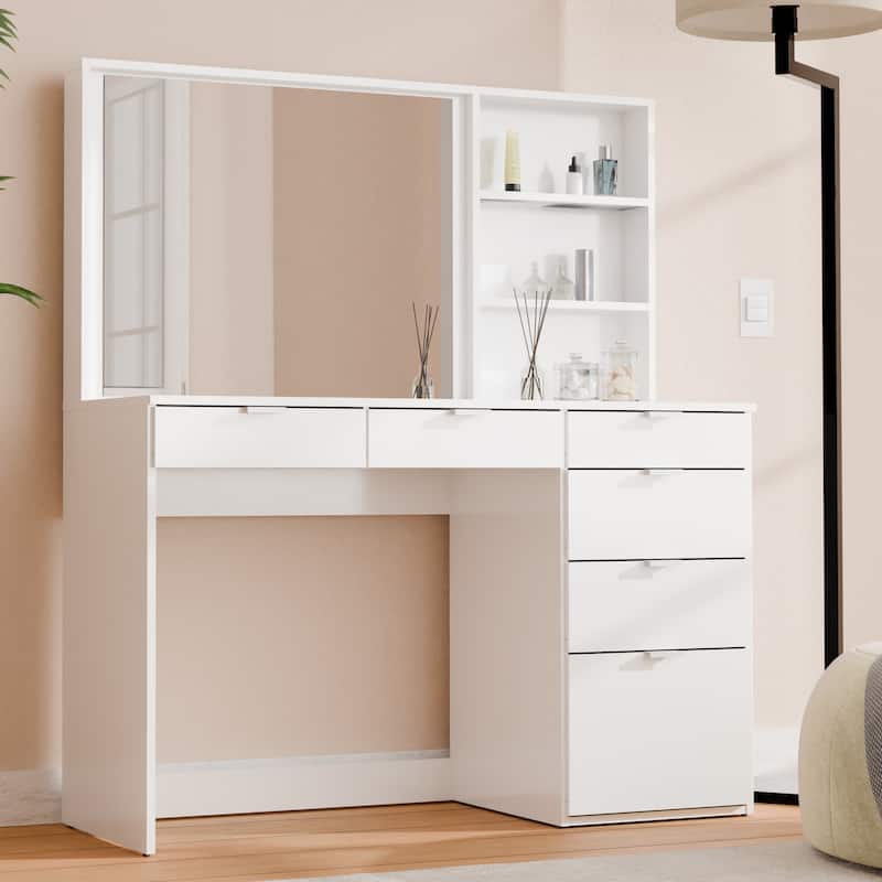 Kappesberg Jade Vanity with Mirror – 6 Drawers and Open Niches - White