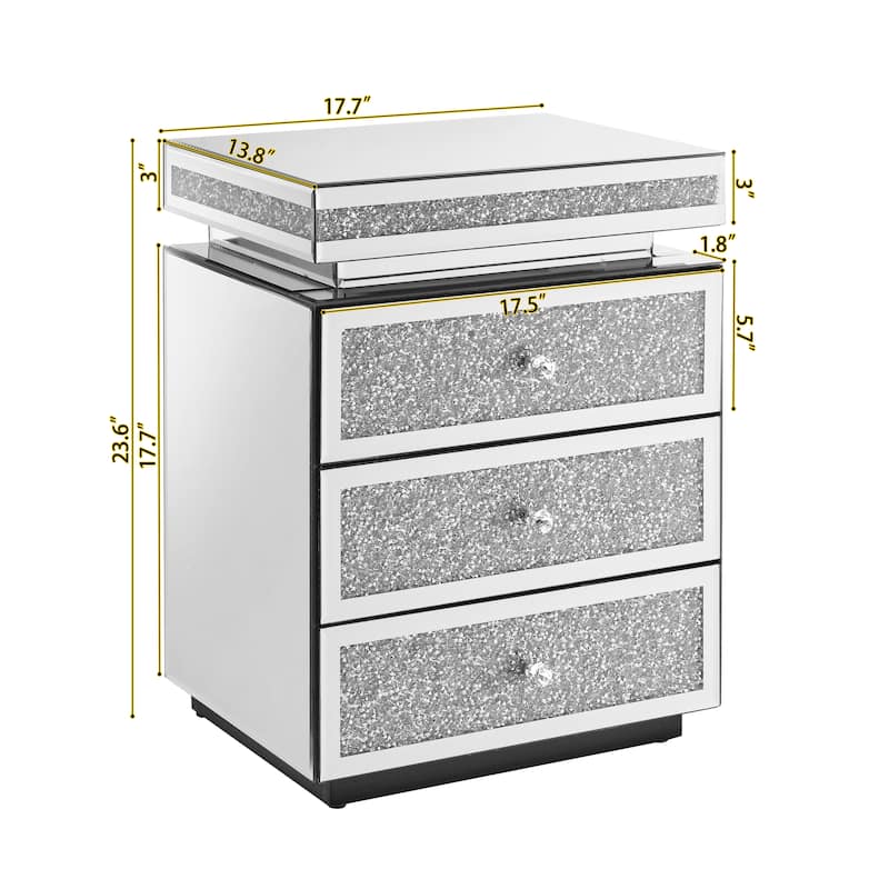 Mirrored Nightstand End Table with 3 Drawers, Silver Bedside Table Accent Table Lamp Table Sofa Side Table