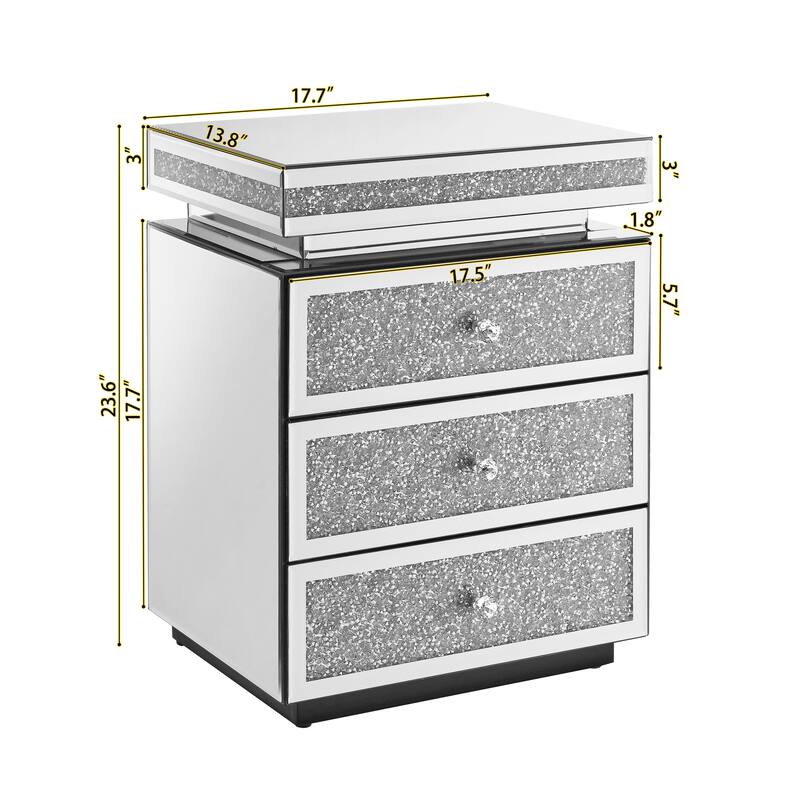 Mirrored Nightstand with 3 Drawers, Silver Nightstand with Crystal Inlay, Glass Table for Bedroom, 13.8"W x 17.7"L x 23.6"H