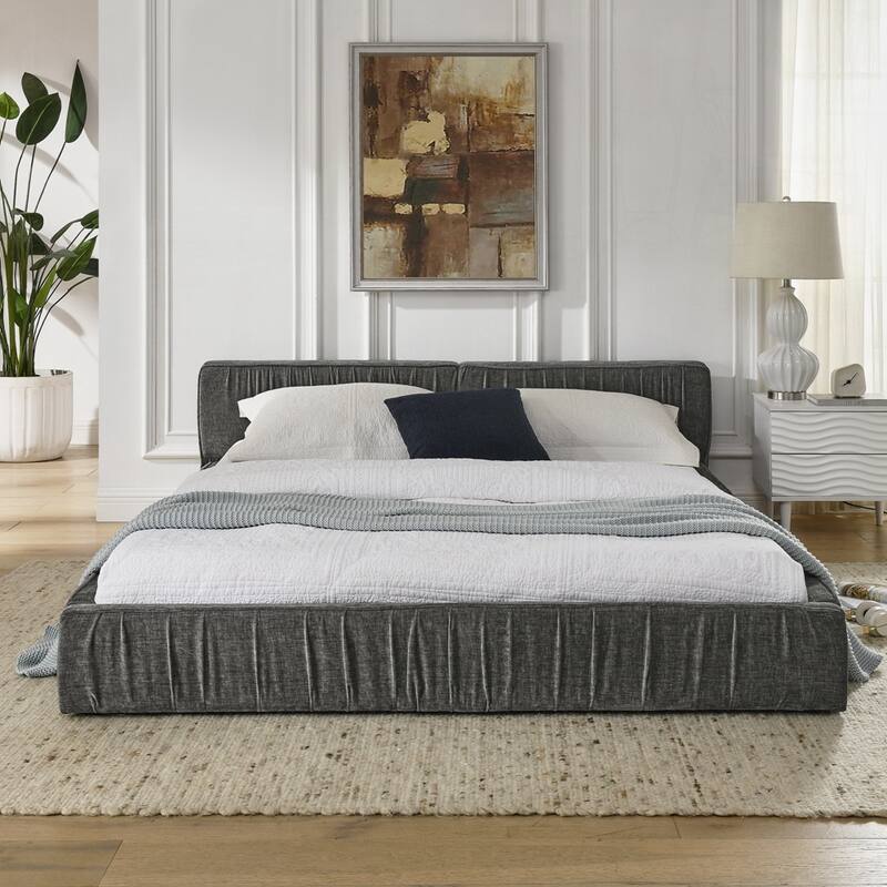 Upholstered Bed Frame with Chenille fabric with pleated design