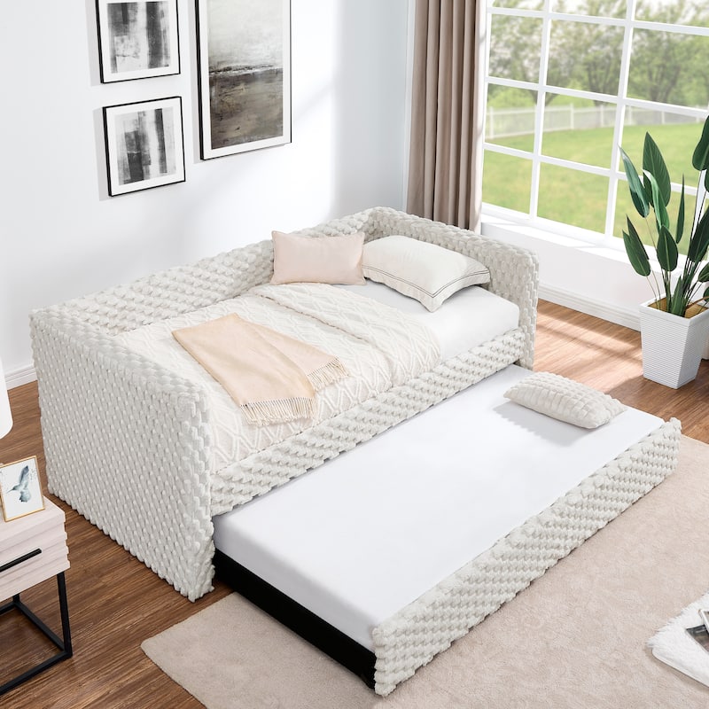 Modern Twin Size Upholstered Sofa Bed with Pull-Out Feature, Beige Plaid Corduroy Fabric