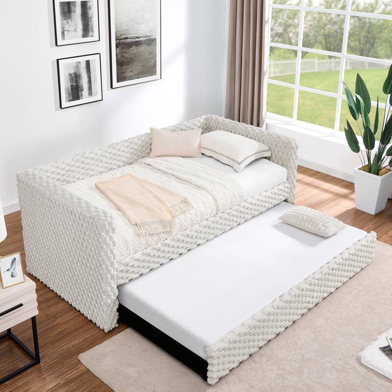 Roomfitters Twin Upholstered Daybed with Pull-Out Trundle, Corduroy Fabric Sofa Bed Frame for Living Room