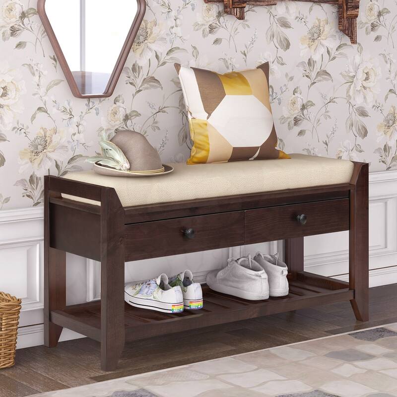 Shoe Rack with Cushioned Seat and Drawers - Espresso