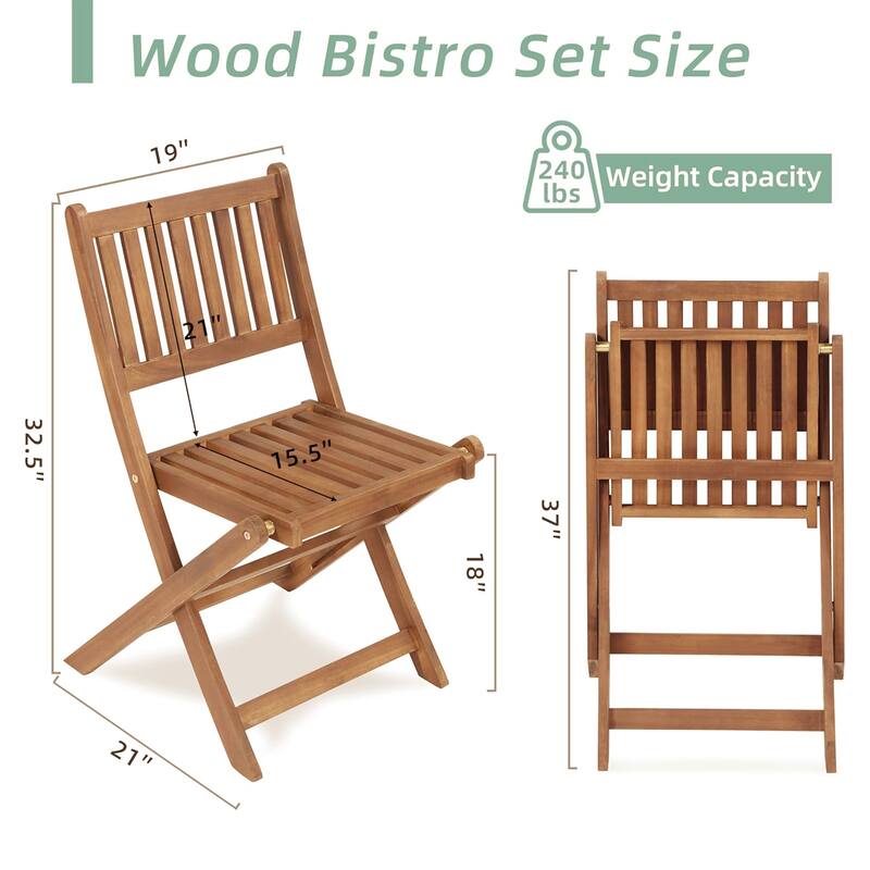 Farmhouse 3-Piece Acacia Bistro Set, Foldable Wood Patio Furniture with Coffee Table & Chairs, Space-Saving Set