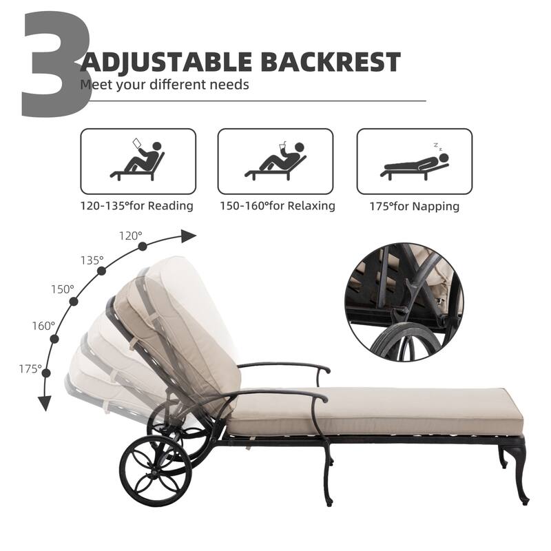 Aluminum Reclining Outdoor Chaise Lounge with Wheels and Cushions (Set Of 2)