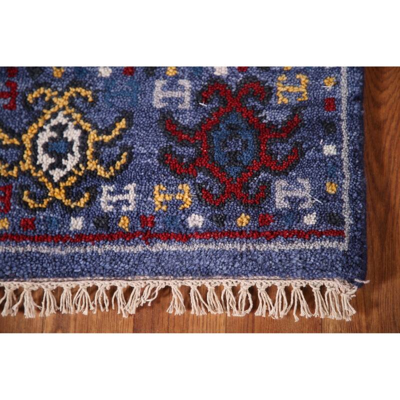 Blue Geometric Kazak Indian Runner Rug Handmade Wool Carpet - 2'7"x 8'0"