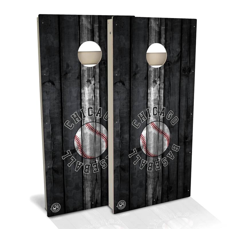 Chicago W Baseball Outdoor Cornhole Board Set - Backyard 2x4 - Include Case + Hole Lights