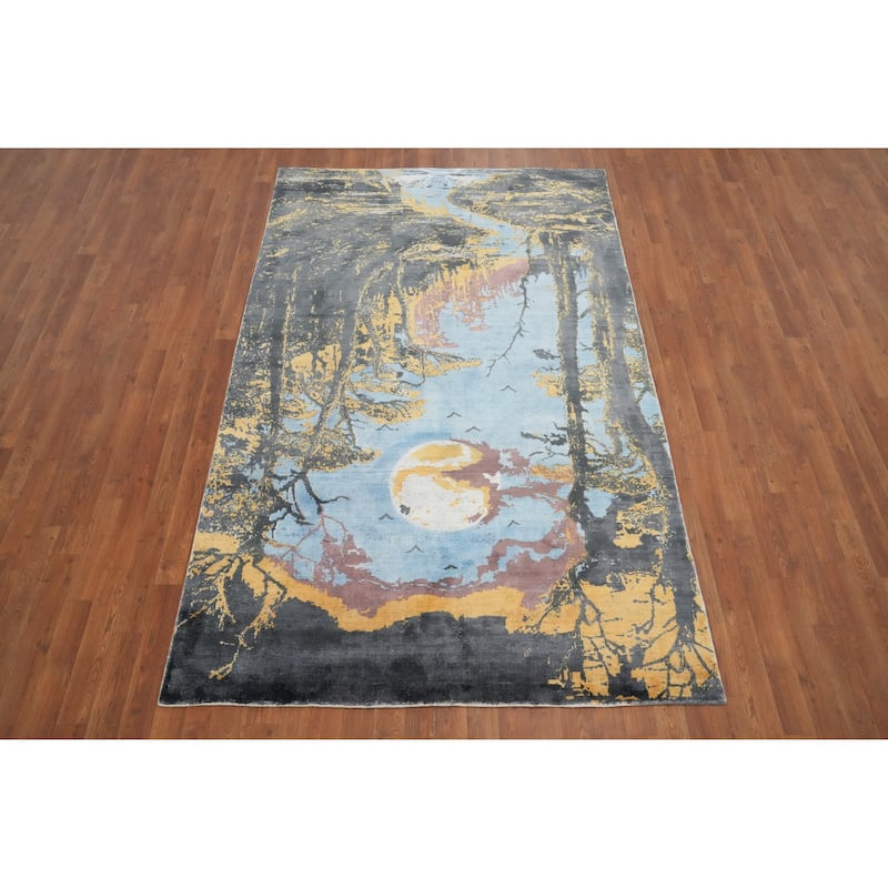 Hand Knotted Oriental Viscose Silk Carpet Modern Pictorial Navy Blue & Blues Abstract Area Rug - 8' 0'' X 5' 0''