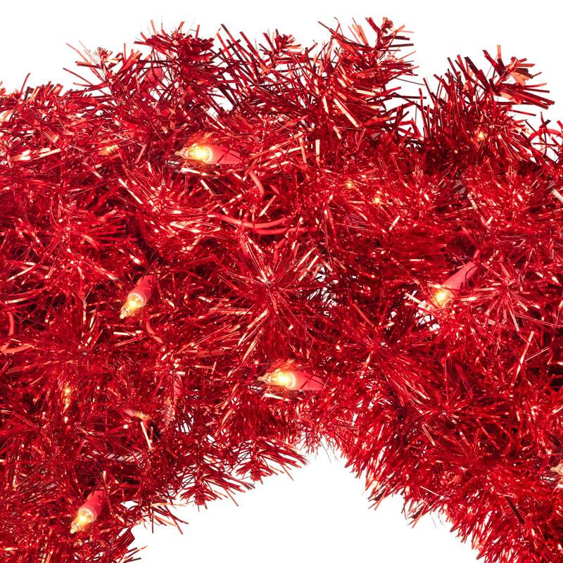 Pre-Lit Tinsel Artificial Christmas Wreath - 24" - Red - Clear Lights