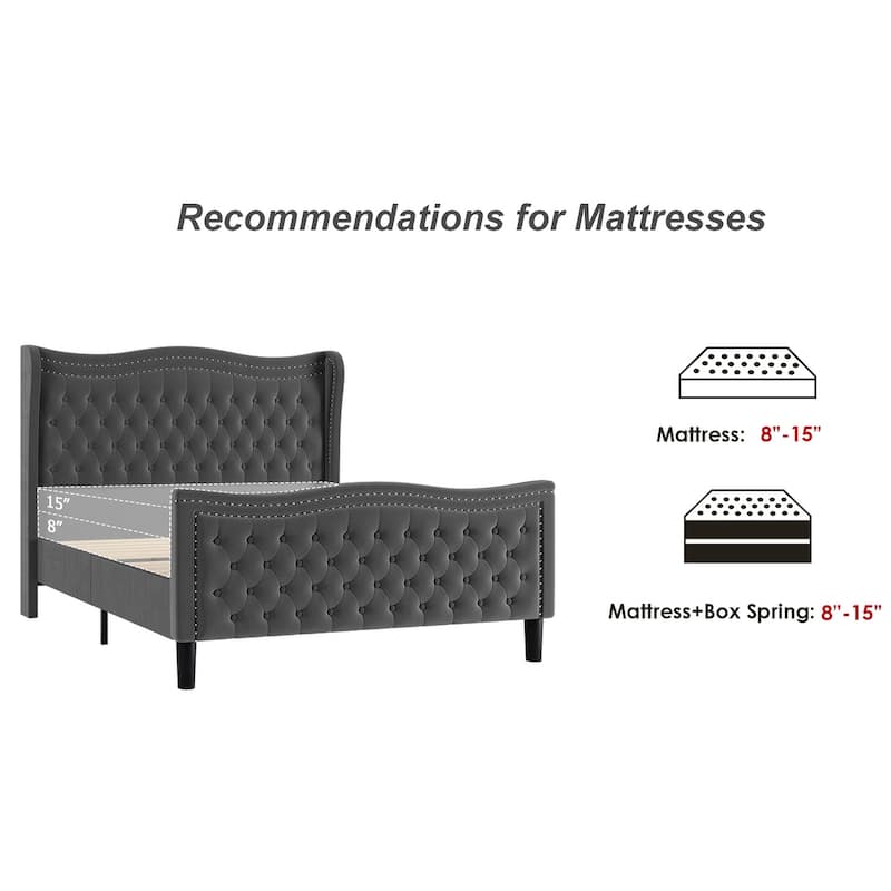 Full Size Tufted Wingback Bed Grey Velvet Upholstered Platform Bed with Solid Wood Slat Support Frame and Nailhead Trim