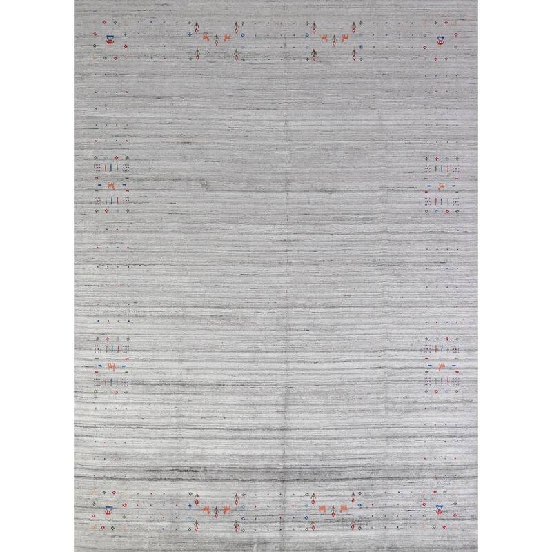 Silver Gray Tribal Gabbeh Indian Area Rug Handmade Wool Carpet - 7'11" x 9'10"