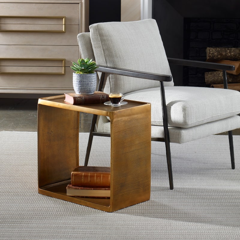 Tray Style Top Aluminum Side Table - 20" - Antique Brass