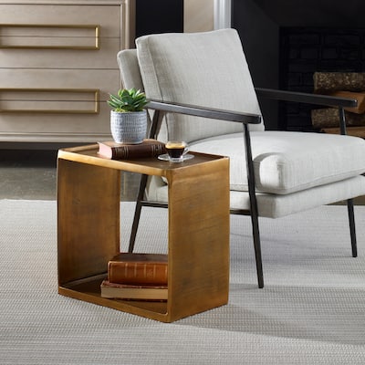 Tray Style Top Aluminum Side Table - 20" - Antique Brass