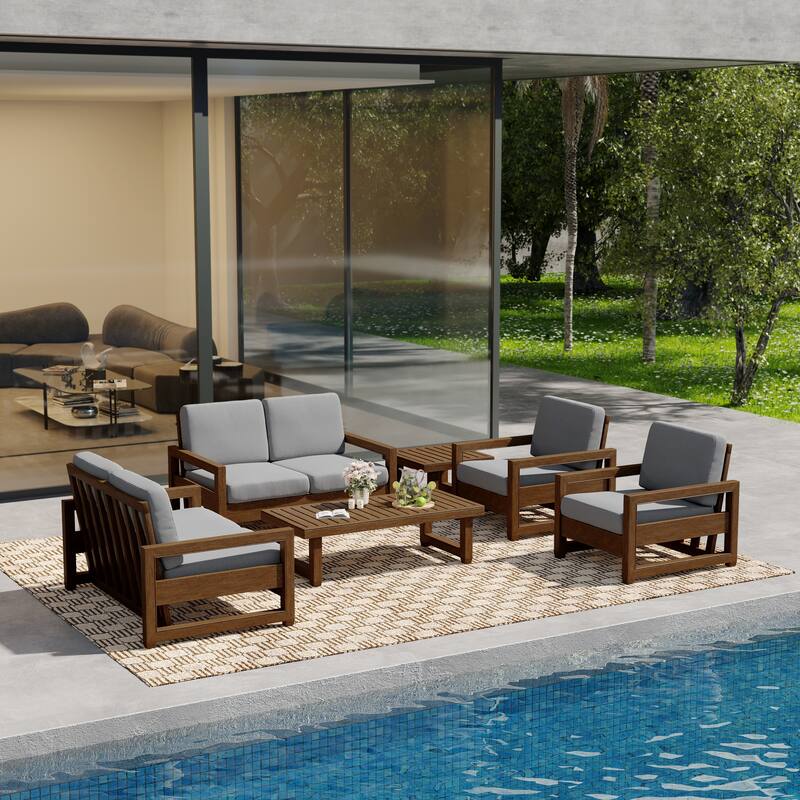 Oversize Teak Wood Loveseat Armchair Outdoor Patio Conversation Set with Cushion - Natural Wood - Light Grey