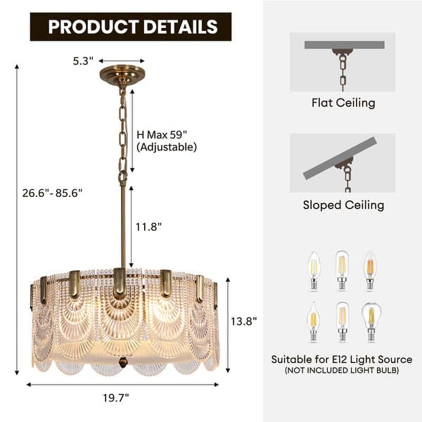 dimension image slide 0 of 2, 20 in. Gold Modern Glass Chandelier 5-Light Glam Dimmable Pendant Light Fixture for Dining Room