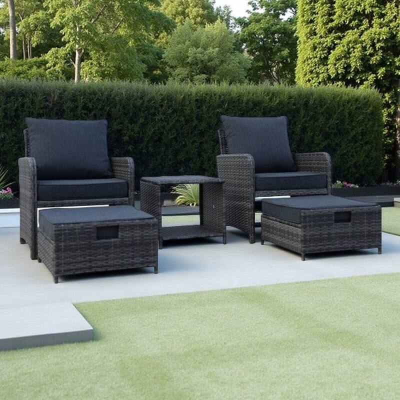 5-Piece PE Wicker Outdoor Conversation Set with Cushioned Chairs, Tuck-Away Ottomans & Coffee Table - Grey