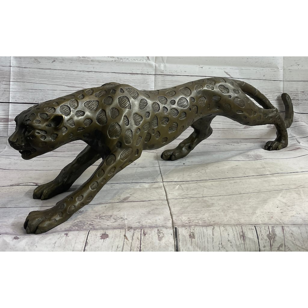 Cheetah Leopard Bronze Metal Figurine Sculpture Statue Handmade Decor 8 Inches X 32 Inches