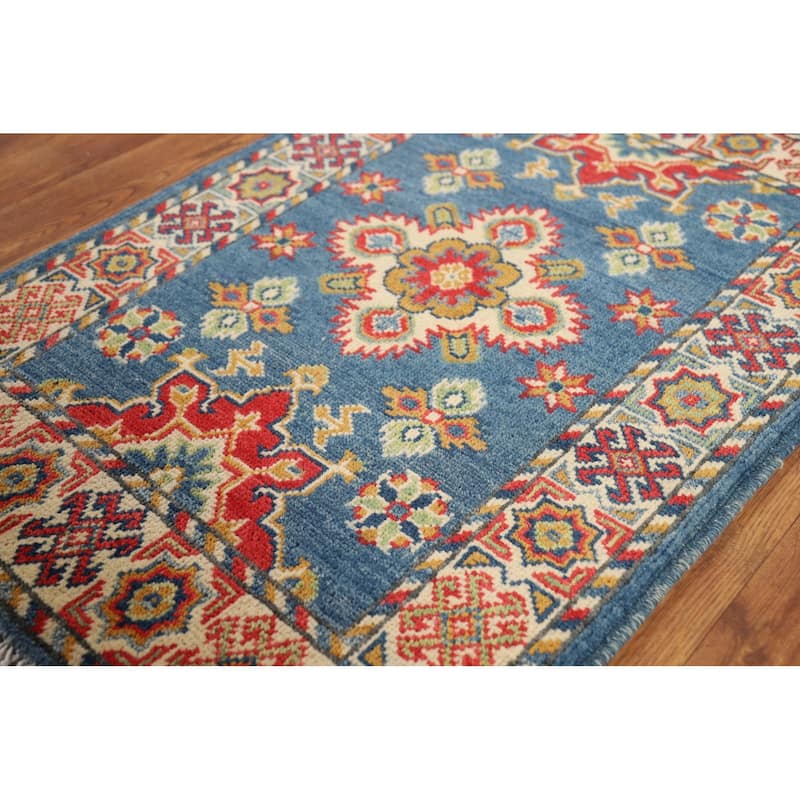 Blue Geometric Kazak Oriental Foyer Rug Handmade Wool Carpet - 2'0" x 3'0"