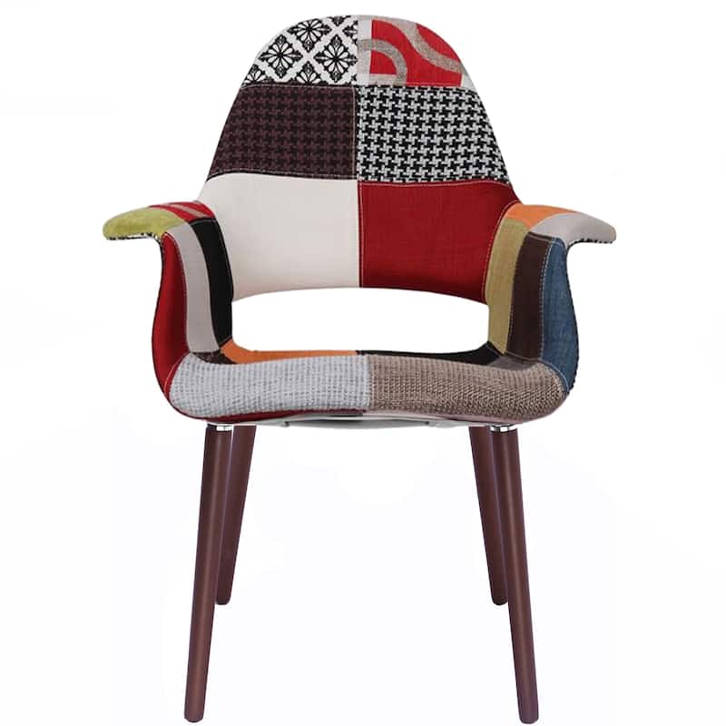 Organic Upholstered Fabric Modern Armchair with Dark Brown Wooden Legs for Dining Room Office or Accent Lounge Side Chair - patchwork s