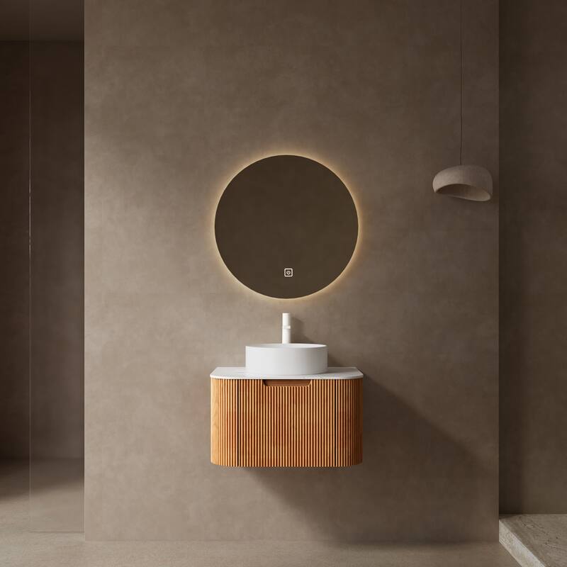 Walnut 24/30/36inch Bathroom Vanity with White Ceramic Vessel Sink, Wall Mounted Floating