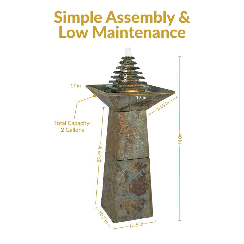 Sunnydaze Layered Pyramid Slate Outdoor Fountain with LED Light - 40"