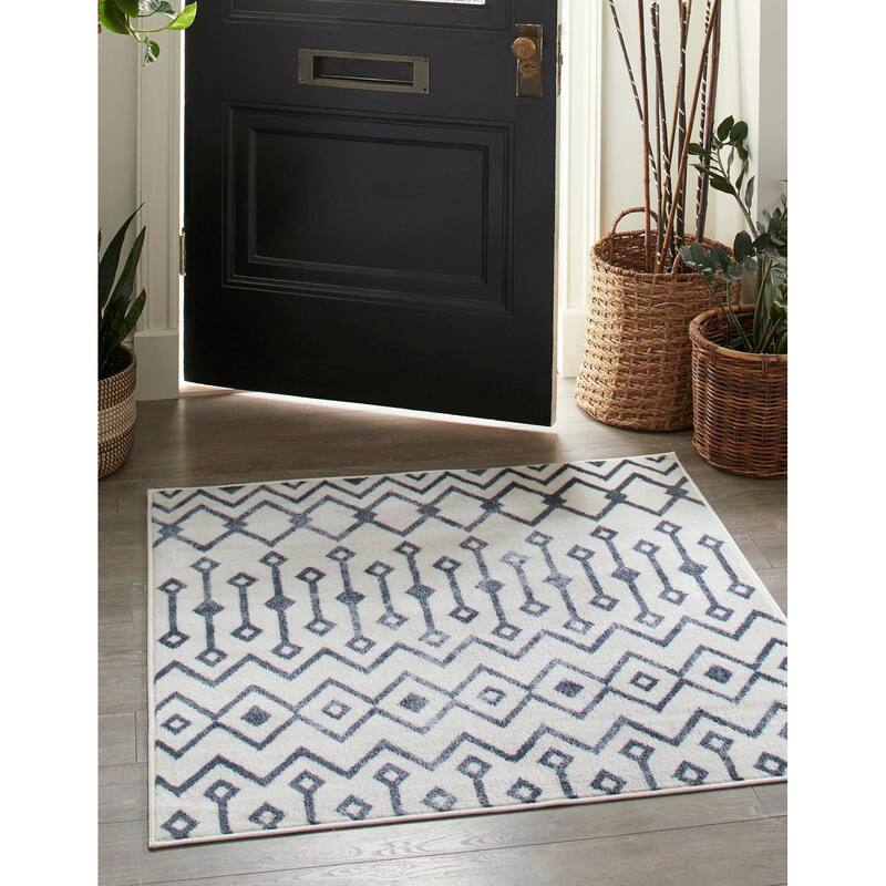 Contemporary Pico Collection Area Rug - 4' Square - Ivory-Navy Blue