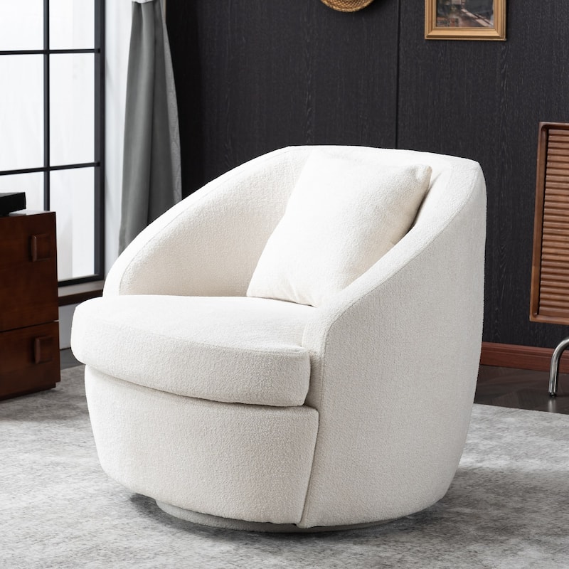 Round Barrel Accent Chair Modern Fabric Swivel Boucle Armchair