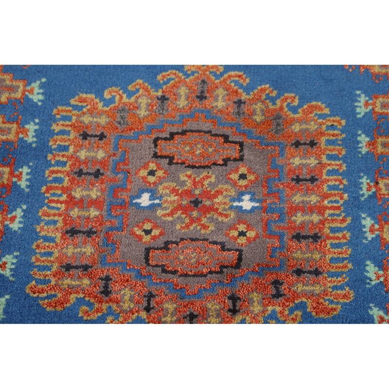 Blue Geometric Viss Indian Runner Rug Handmade Wool Carpet - 2'7"x 10'1"