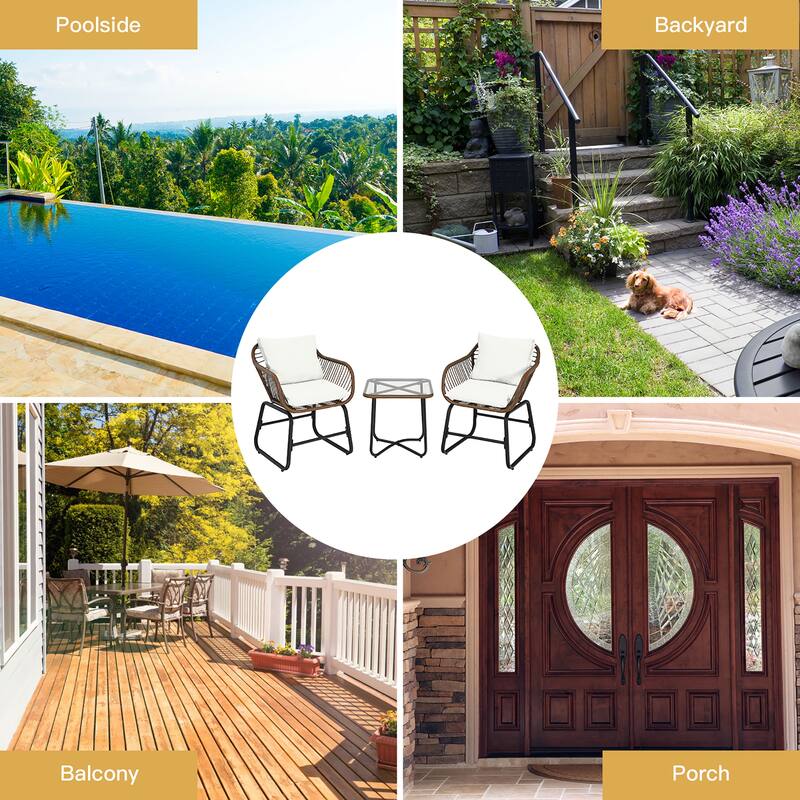 Costway 3PCS Patio Rattan Bistro Set Cushioned Chair Glass Table Deck - See Details