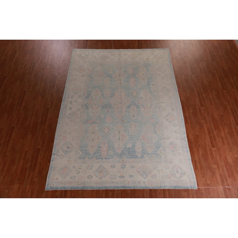 Hand Knotted Oriental 100% Wool Carpet Transitional Geometric Navy Blue & Blues Oushak Area Rug - 12' 3'' X 9' 0''